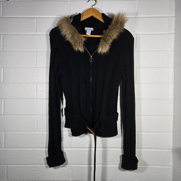Body Central Sweaters - Vtg Y2K Ribbed Cable Knit Faux Fur Hood Belted Cardigan Sweater Large Chunky